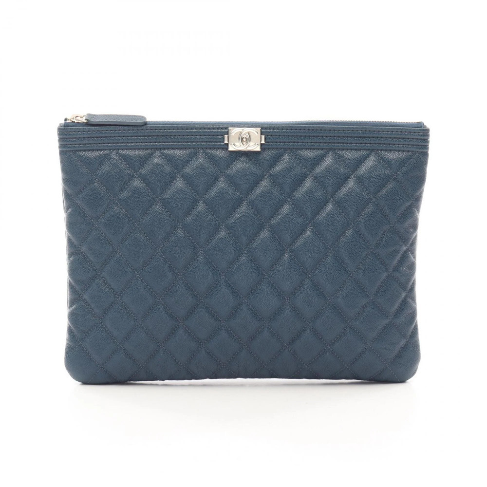 CHANEL Blue Caviar Leather Clutch Bag